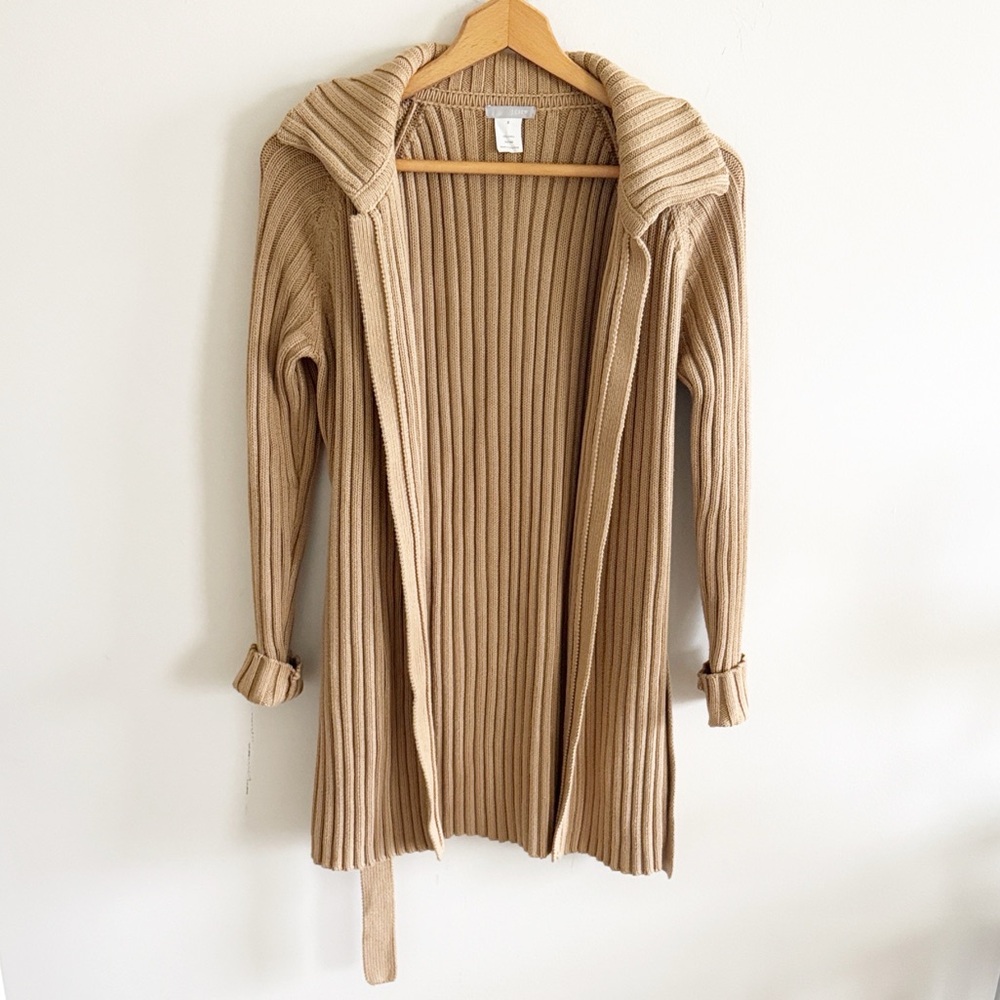 Vintage 90s J.Crew 100% cotton tan chunky cable knit long open front cardigan S